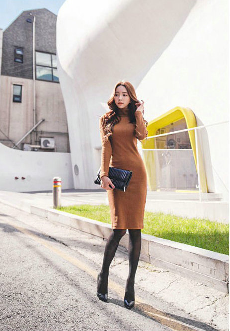 Autumn Winter Women Dresses Natural Knitting Knee-Length Sheath Turtleneck Full Sleeve - Camel