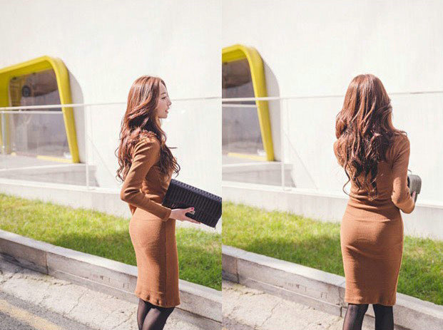 Autumn Winter Women Dresses Natural Knitting Knee-Length Sheath Turtleneck Full Sleeve - Camel