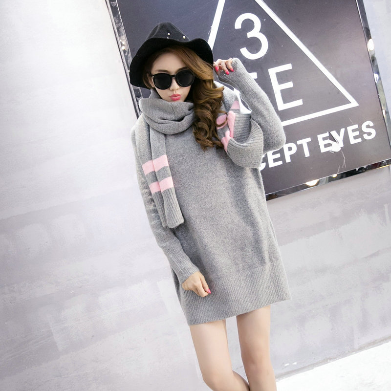Cute Dresses Winter Female Warm O-Neck Polyester Scarf Knee Length Long Sleeve - Grey