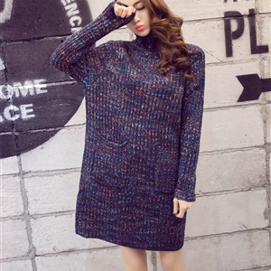 Dresses Winter Turtleneck Knee-Length Solid Street Fashion Pocket Color Female - Blue