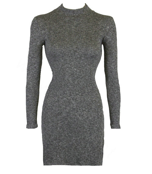 Dresses Women Sexy Worsted Winter Split Long Sleeved Turtleneck - Dark Grey