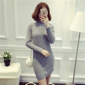 Dresses Women Winter Long Sleeved Pullover Solid Slim Package Hip knitted Midi Office - Grey