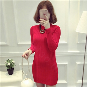 Dresses Women Winter Long Sleeved Pullover Solid Slim Package Hip knitted Midi Office - Red