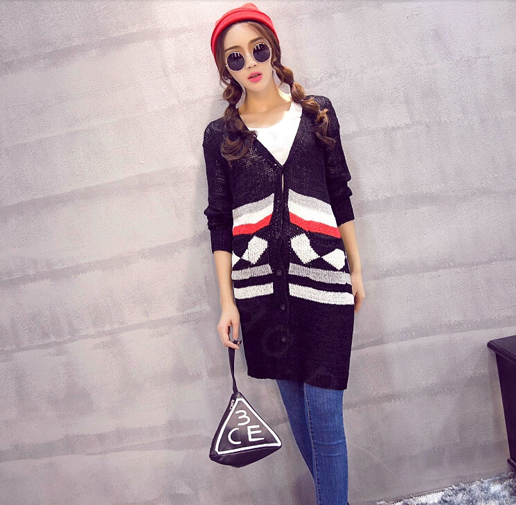 Fashion Sweater Cardigan Embroidery Female Long Thin Loose - Black