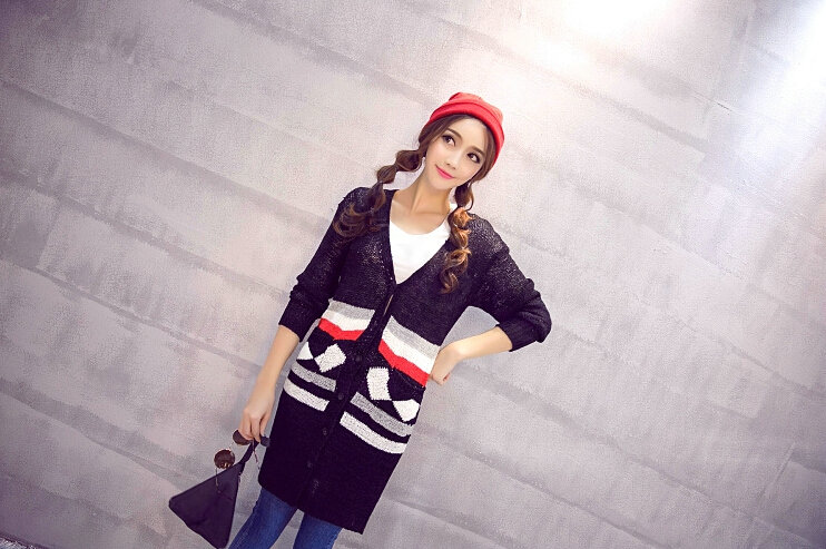 Fashion Sweater Cardigan Embroidery Female Long Thin Loose - Black