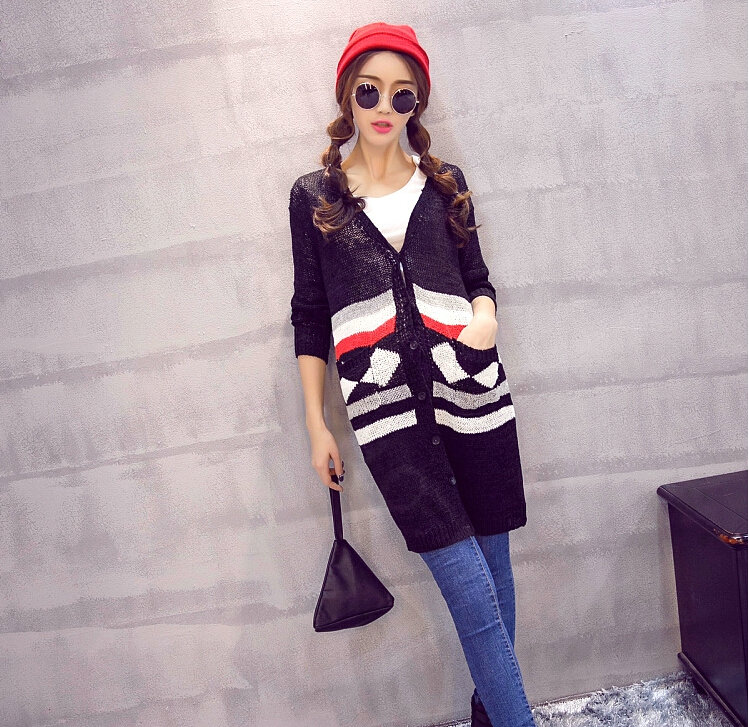Fashion Sweater Cardigan Embroidery Female Long Thin Loose - Black