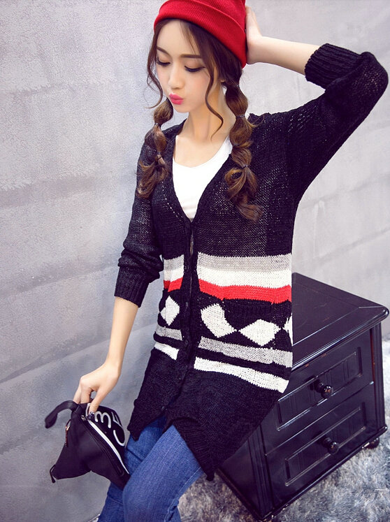 Fashion Sweater Cardigan Embroidery Female Long Thin Loose - Black
