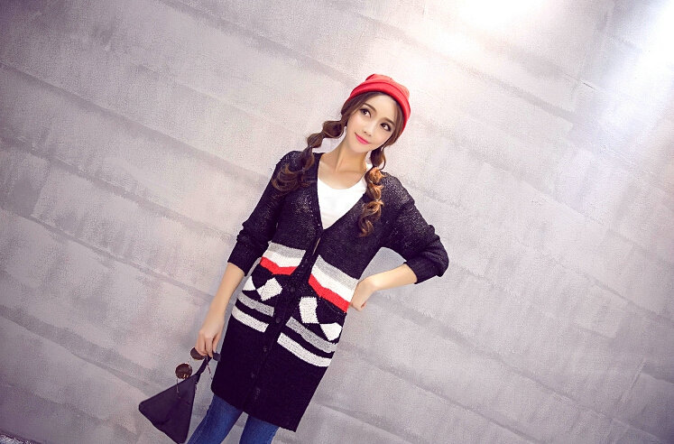 Fashion Sweater Cardigan Embroidery Female Long Thin Loose - Black