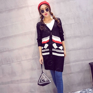 Fashion Sweater Cardigan Embroidery Female Long Thin Loose - Black