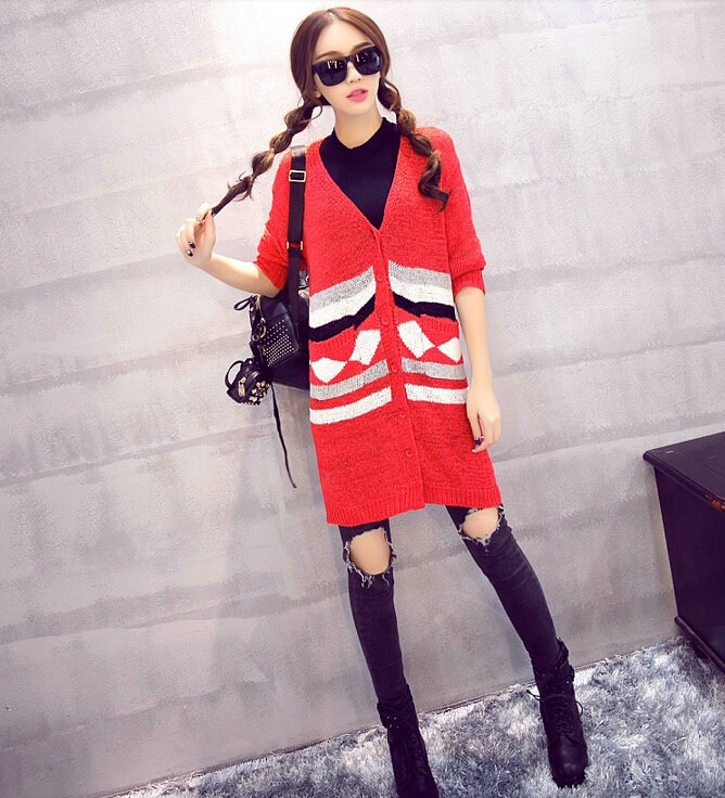 Fashion Sweater Cardigan Embroidery Female Long Thin Loose - Red