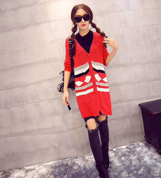 Fashion Sweater Cardigan Embroidery Female Long Thin Loose - Red