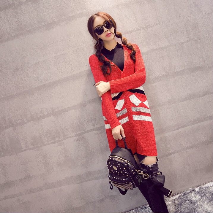 Fashion Sweater Cardigan Embroidery Female Long Thin Loose - Red