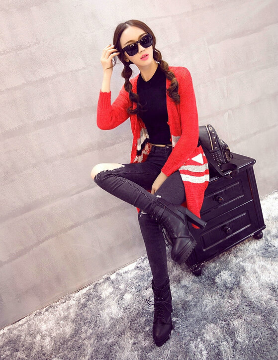 Fashion Sweater Cardigan Embroidery Female Long Thin Loose - Red
