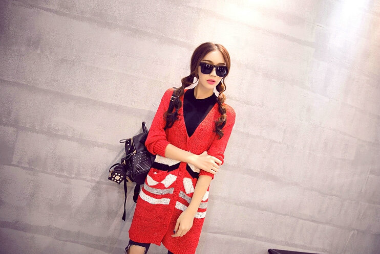 Fashion Sweater Cardigan Embroidery Female Long Thin Loose - Red
