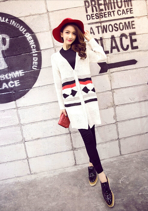 Fashion Sweater Cardigan Embroidery Female Long Thin Loose - White