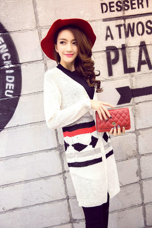 Fashion Sweater Cardigan Embroidery Female Long Thin Loose - White