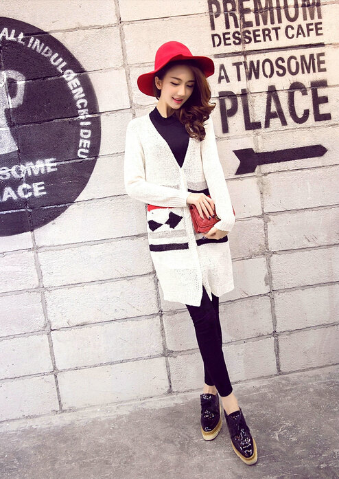 Fashion Sweater Cardigan Embroidery Female Long Thin Loose - White
