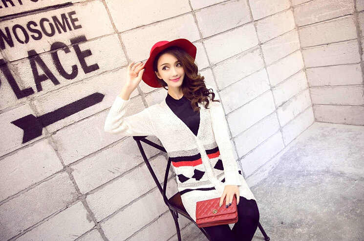 Fashion Sweater Cardigan Embroidery Female Long Thin Loose - White