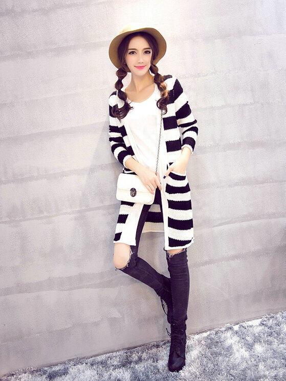 Fashion Sweater Cardigan Stripe Loose Female Thin Hand Knitted Long - Black