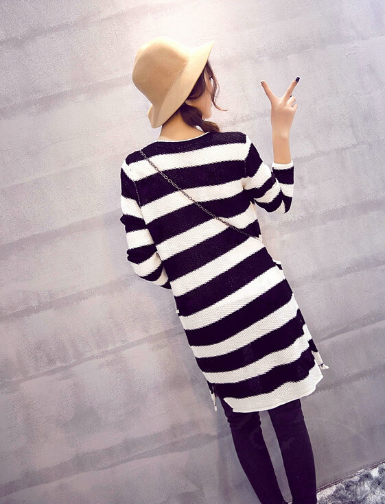 Fashion Sweater Cardigan Stripe Loose Female Thin Hand Knitted Long - Black