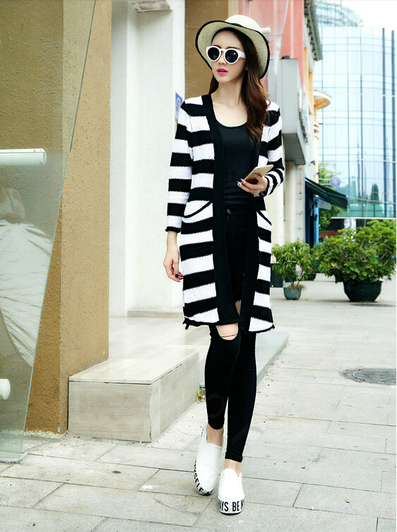Fashion Sweater Cardigan Stripe Loose Female Thin Hand Knitted Long - White