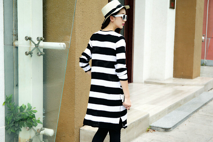 Fashion Sweater Cardigan Stripe Loose Female Thin Hand Knitted Long - White