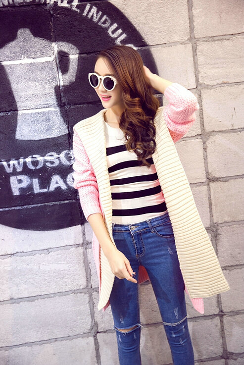 Fashion Sweater Female Cardigan Long False Two Hooded Explosion Thick Solid - Pink