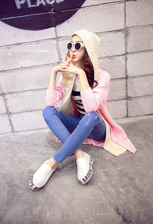 Fashion Sweater Female Cardigan Long False Two Hooded Explosion Thick Solid - Pink