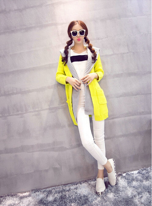 Fashion Sweater Female Cardigan Long False Two Hooded Explosion Thick Solid - Yellow
