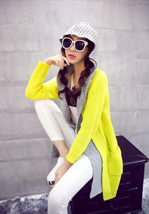 Fashion Sweater Female Cardigan Long False Two Hooded Explosion Thick Solid - Yellow