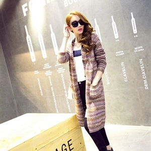 Fashion Sweater Female Striped Single Breasted Hooded Cardigan Pockets - Purple