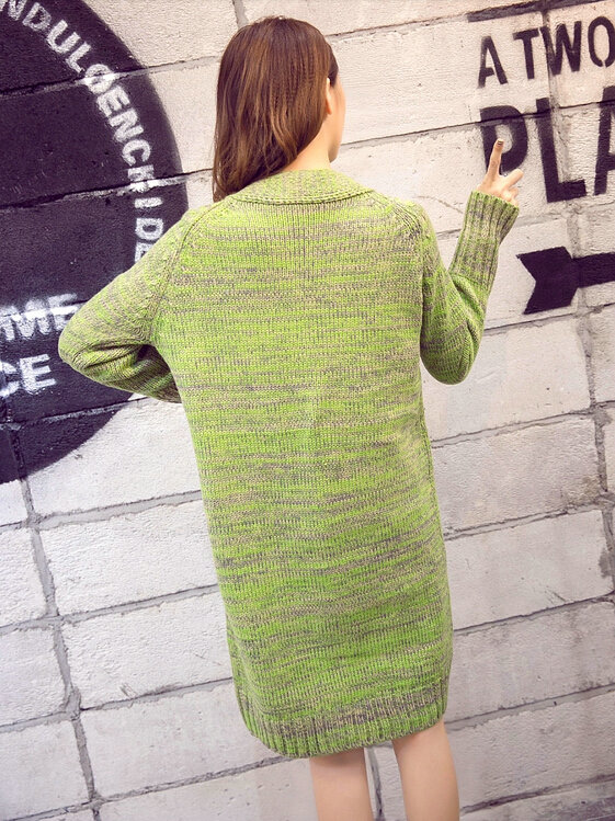 Fashion Sweater Flat Knitted Cardigan Coat Long Thick Warm Solid V-Neck - Green