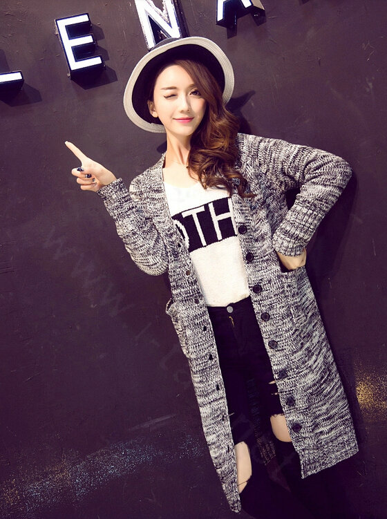 Fashion Sweater Flat Knitted Cardigan Coat Long Thick Warm Solid V-Neck - Grey