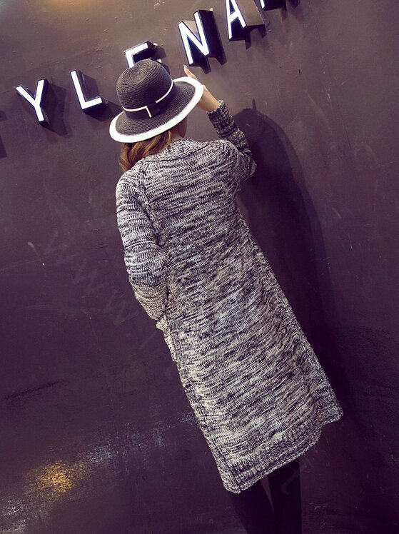 Fashion Sweater Flat Knitted Cardigan Coat Long Thick Warm Solid V-Neck - Grey