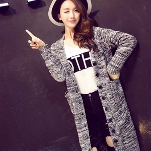 Fashion Sweater Flat Knitted Cardigan Coat Long Thick Warm Solid V-Neck - Grey