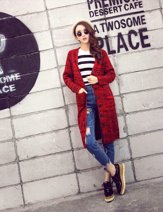 Fashion Sweater Flat Knitted Cardigan Coat Long Thick Warm Solid V-Neck - Red
