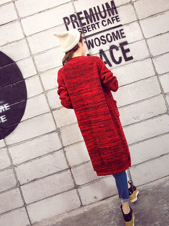 Fashion Sweater Flat Knitted Cardigan Coat Long Thick Warm Solid V-Neck - Red