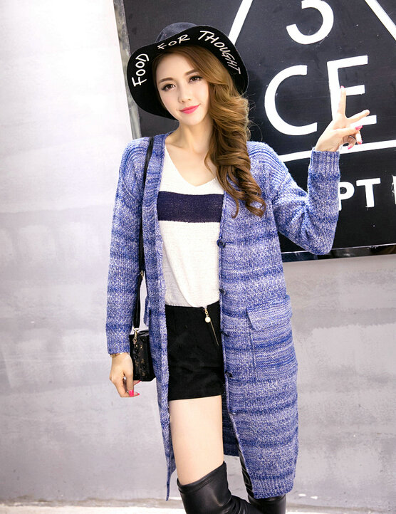 Fashion Sweater Girls Winter Cardigan Coat Slim Striped Single Breasted Long Sleeve - Blue