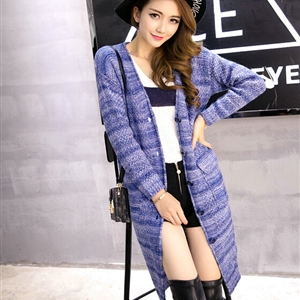 Fashion Sweater Girls Winter Cardigan Coat Slim Striped Single Breasted Long Sleeve - Blue
