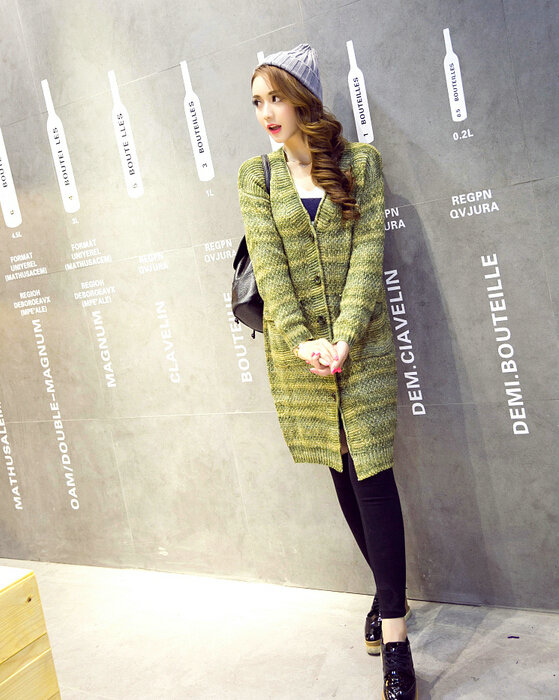 Fashion Sweater Girls Winter Cardigan Coat Slim Striped Single Breasted Long Sleeve - Green
