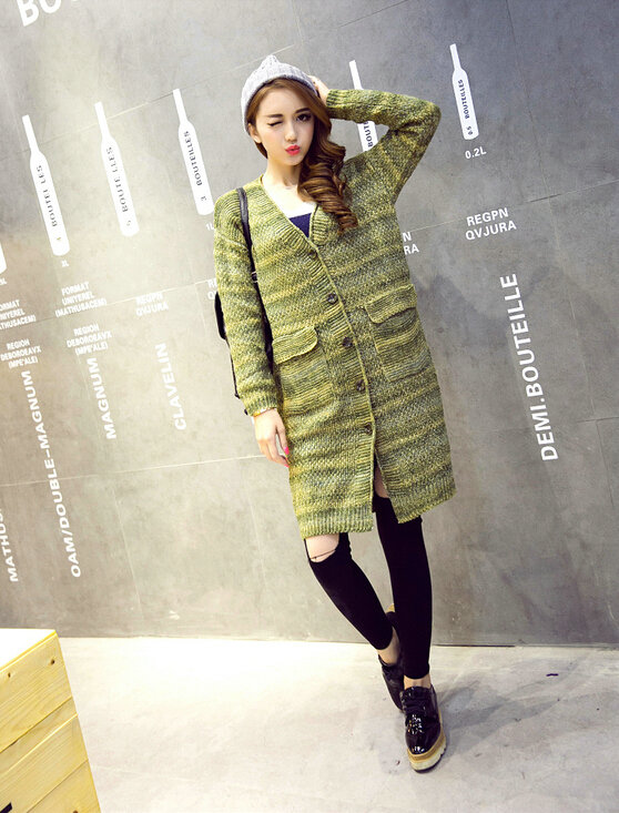 Fashion Sweater Girls Winter Cardigan Coat Slim Striped Single Breasted Long Sleeve - Green