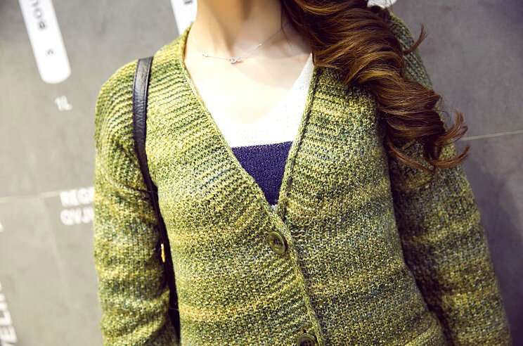 Fashion Sweater Girls Winter Cardigan Coat Slim Striped Single Breasted Long Sleeve - Green