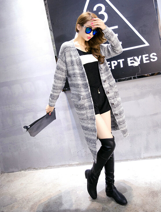 Fashion Sweater Girls Winter Cardigan Coat Slim Striped Single Breasted Long Sleeve - Grey