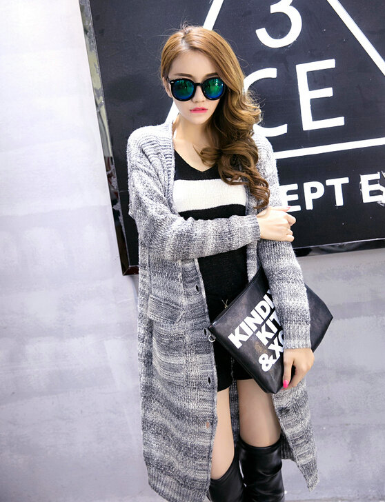 Fashion Sweater Girls Winter Cardigan Coat Slim Striped Single Breasted Long Sleeve - Grey