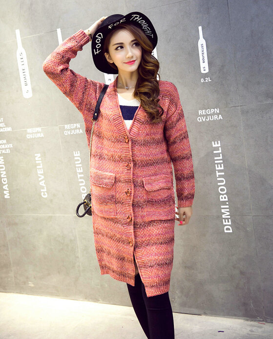 Fashion Sweater Girls Winter Cardigan Coat Slim Striped Single Breasted Long Sleeve - Red