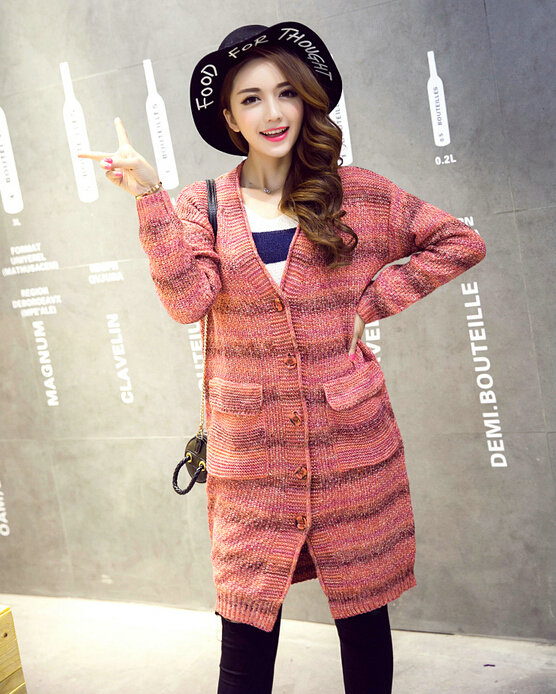 Fashion Sweater Girls Winter Cardigan Coat Slim Striped Single Breasted Long Sleeve - Red