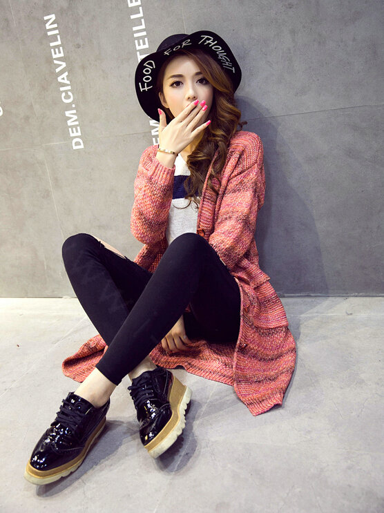 Fashion Sweater Girls Winter Cardigan Coat Slim Striped Single Breasted Long Sleeve - Red