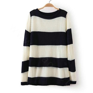 Fashion Sweater Hand Knitted Stripe Burst Loose Lady O-Neck - Black