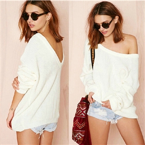Fashion Sweater Strapless Design Back Deep V Bubble Sleeve Loose - White