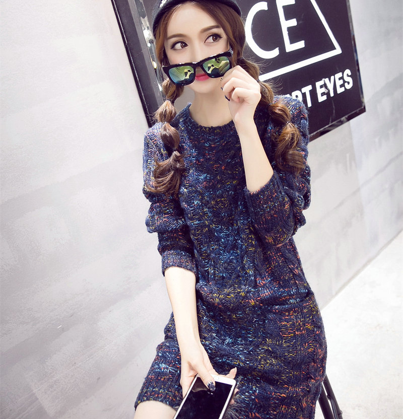 Fashion Winter Dresses Woolen Knee Length O-Neck Stripe Acrylic Full Sleeve Pocket - Blue